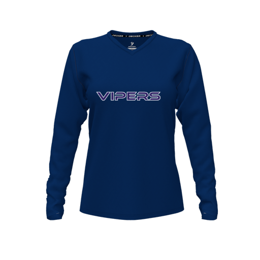 [CUS-DFW-TEES-CMF-VNK-LSL-NVY-FYXS-LOGO2] Comfort T-Shirt (Female Youth XS, Navy, V Neck, Logo 2, Long Sleeve)