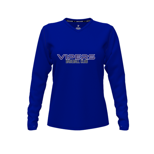 [CUS-DFW-TEES-CMF-VNK-LSL-RYL-FYXS-LOGO3] Decker Comfort T-Shirt (Female Youth XS, Royal, V Neck, Logo 3, Long Sleeve)