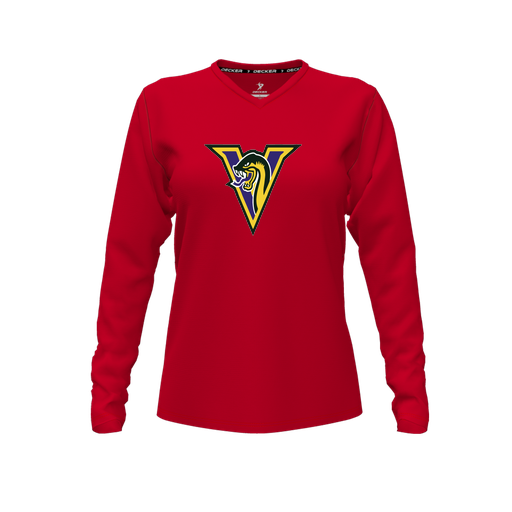 [CUS-DFW-TEES-CMF-VNK-LSL-RED-FYXS-LOGO1] Decker Comfort T-Shirt (Female Youth XS, Red, V Neck, Logo 1, Long Sleeve)