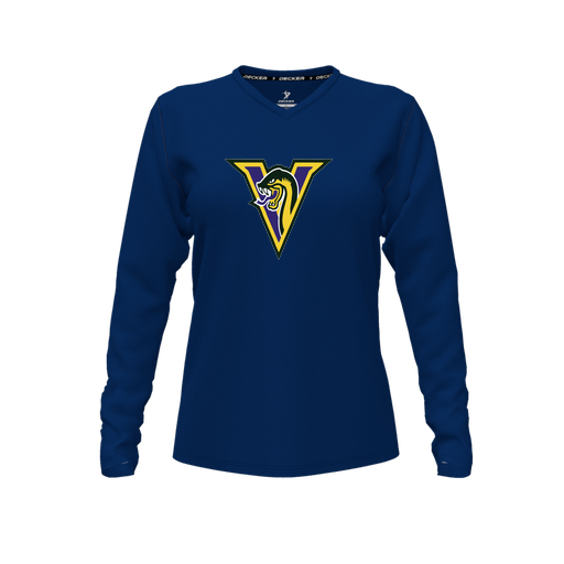 [CUS-DFW-TEES-PER-VNK-LSL-NVY-FYXS-LOGO1] Performance T-Shirt (Female Youth XS, Navy, V Neck, Logo 1, Long Sleeve)