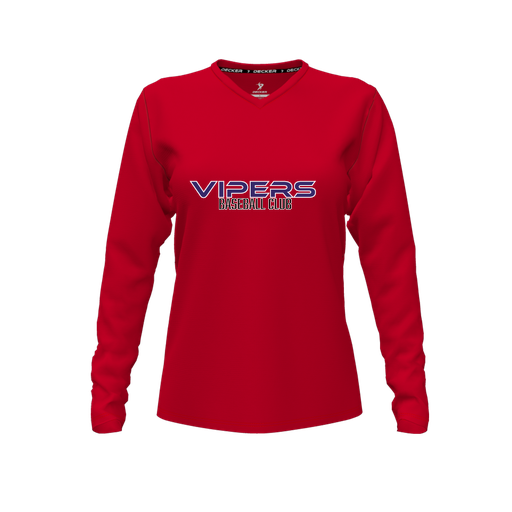 [CUS-DFW-TEES-PER-VNK-LSL-RED-FYXS-LOGO3] Performance T-Shirt (Female Youth XS, Red, V Neck, Logo 3, Long Sleeve)