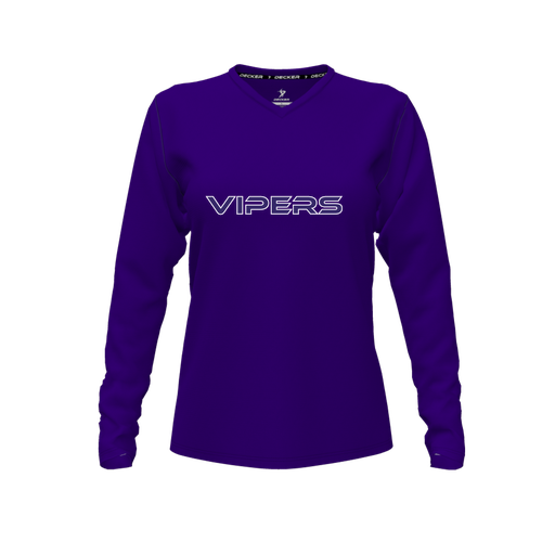 [FTLVPTPP-FYXS-LOGO2] Decker Performance T-Shirt (Female Youth XS, Purple, V Neck, Logo 2, Long Sleeve)